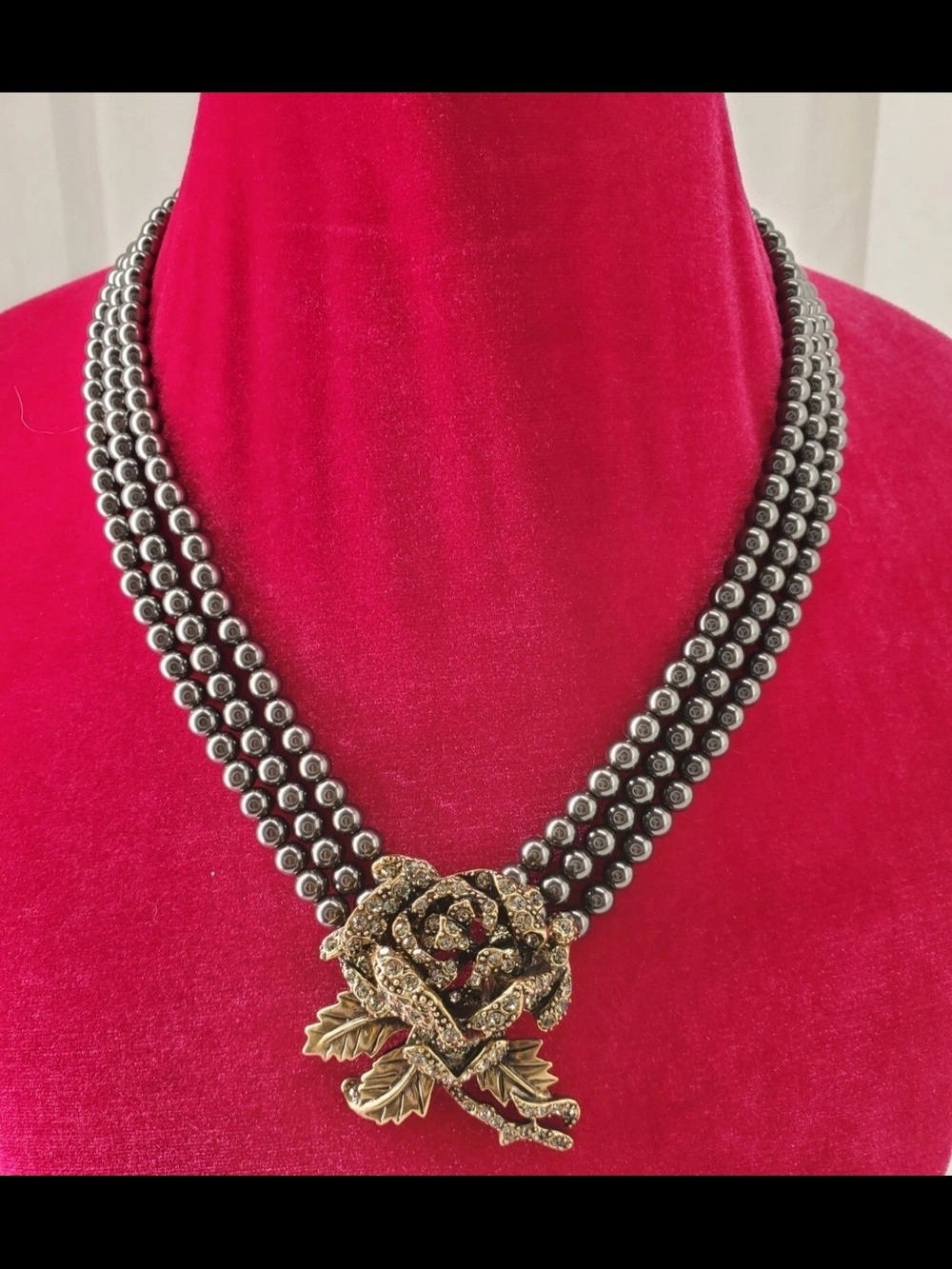 Heidi Daus Black Triple-Strand Pearl Necklace W/Black Diamond Crystal Rose 21 In